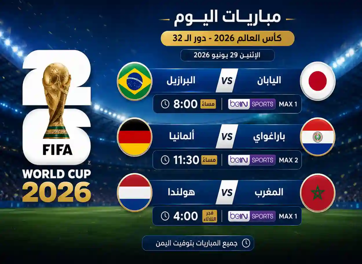مواعيد مباريات اليوم الإثنين في كأس العالم 2026 بتوقيت اليمن